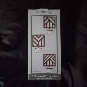 Brown 3-Piece Wall Sconce Tealight Candle Set Dark Wooden Geometric Design Hang